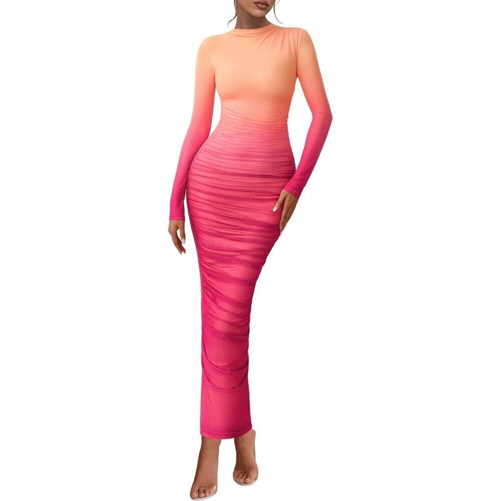 Women's Gradient Bean Long Sleeve Spring Ruched Bodycon Floral Mesh Maxi Dress - Picture 1 of 5